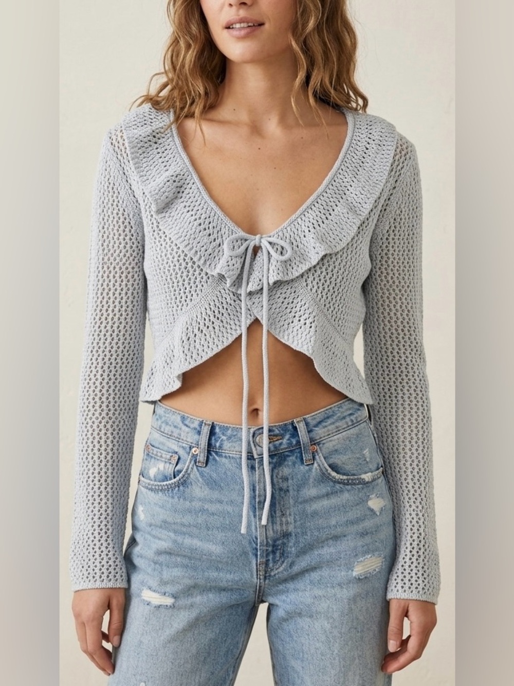 Light Gray Crochet Tie-Front Crop Top - Women's
